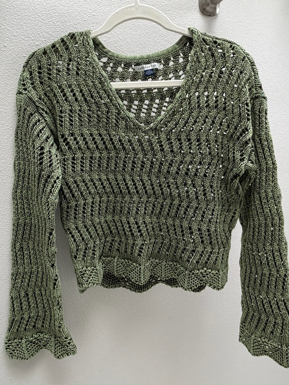 American Eagle Outfitters Green Open-Knit V-Neck Sweater